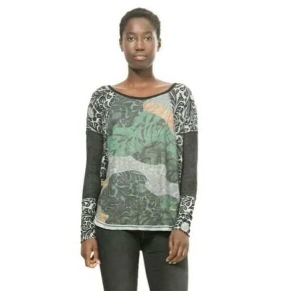 Desigual Laurita Gray & Green Printed Long Sleeve T-Shirt S - Picture 1 of 5